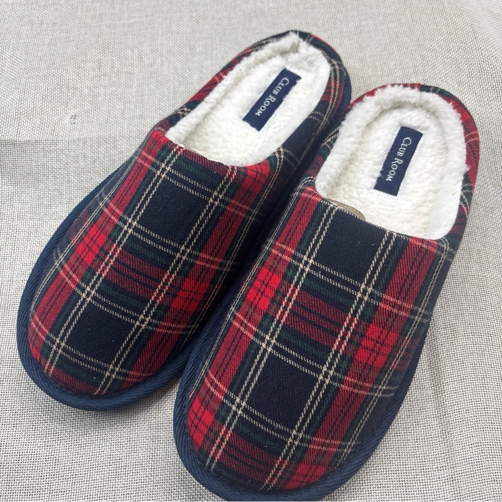 Club Room Mens Jake Plaid Slippers Red Blue Small 6-7